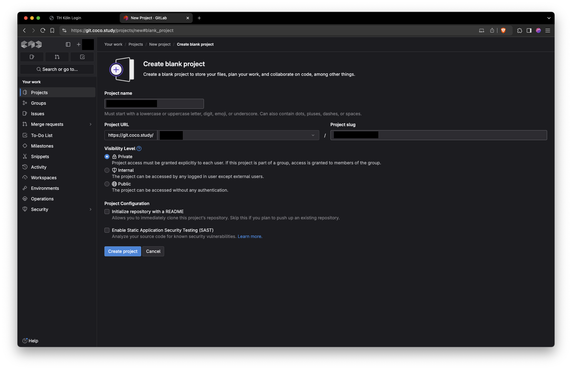 Screenshot von create repo