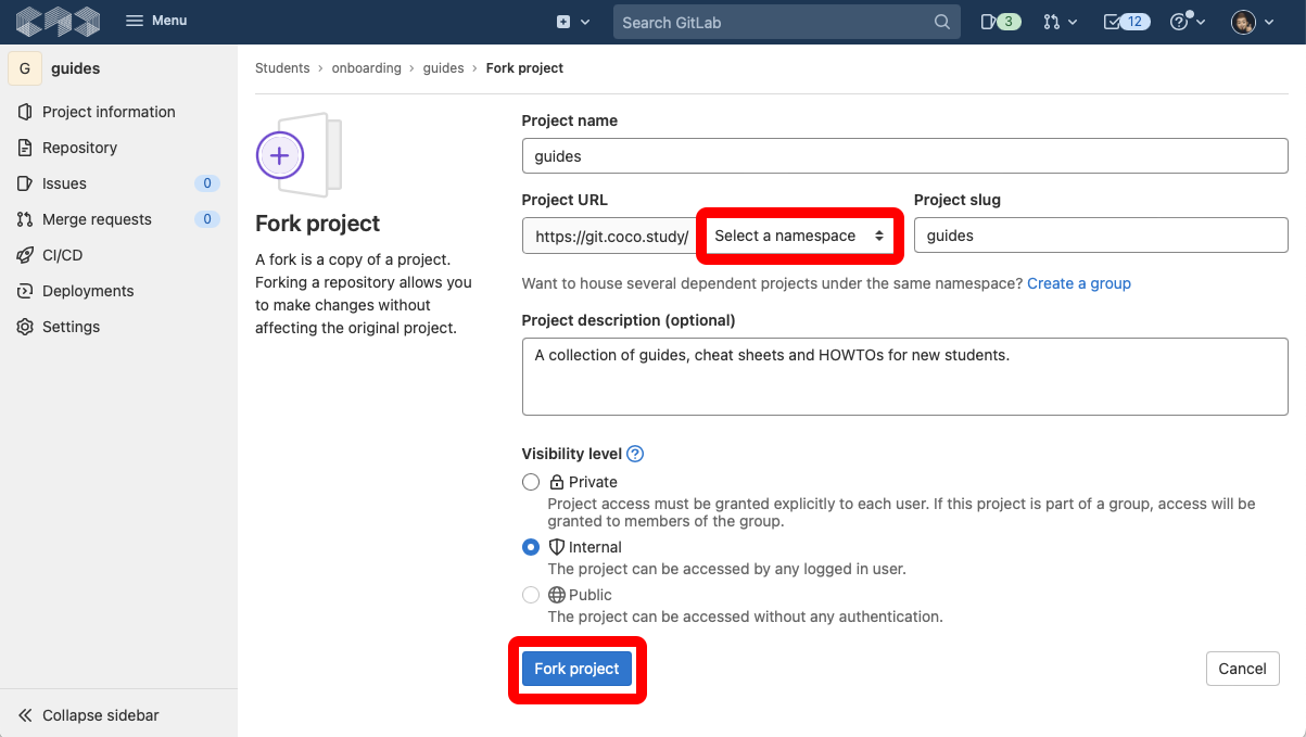 Screenshot of the fork settings page on GitLab