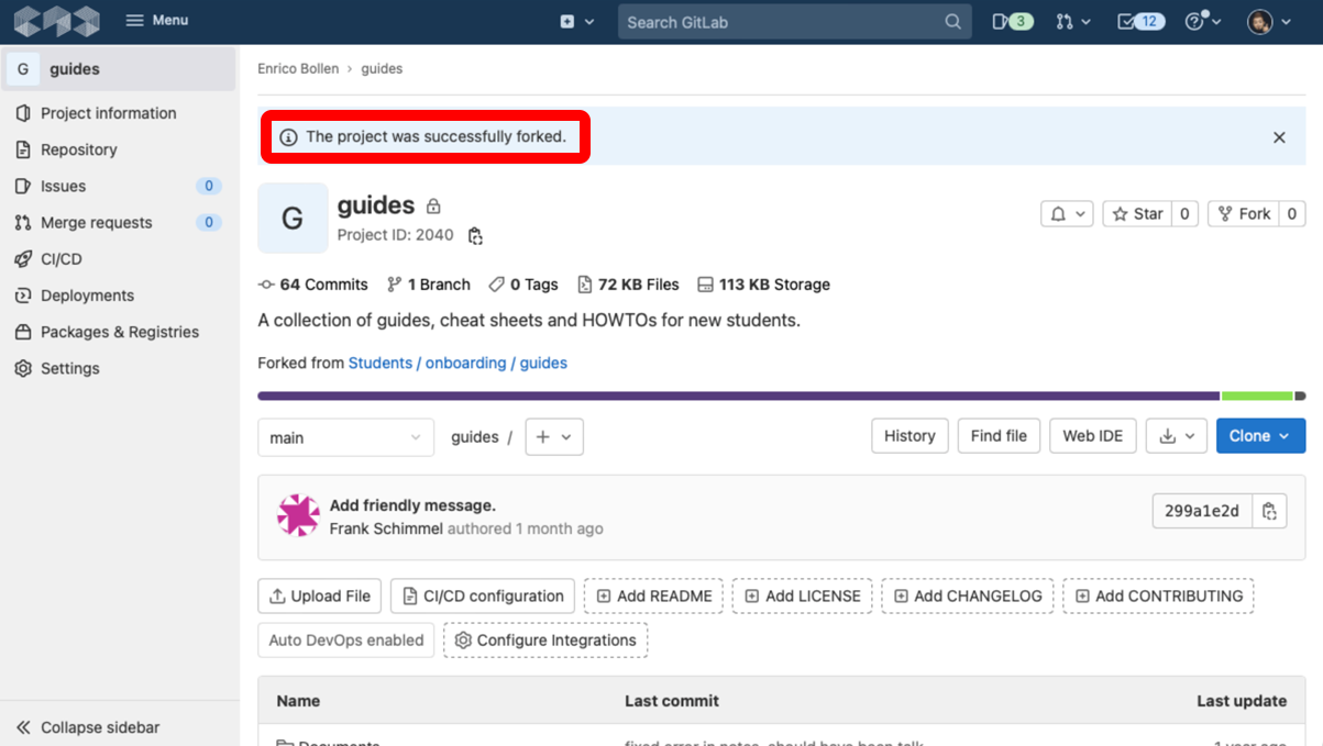 Screenshot of the forked project on GitLab