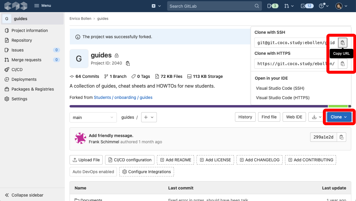 Screenshot of the forked project on GitLab with clone popup open