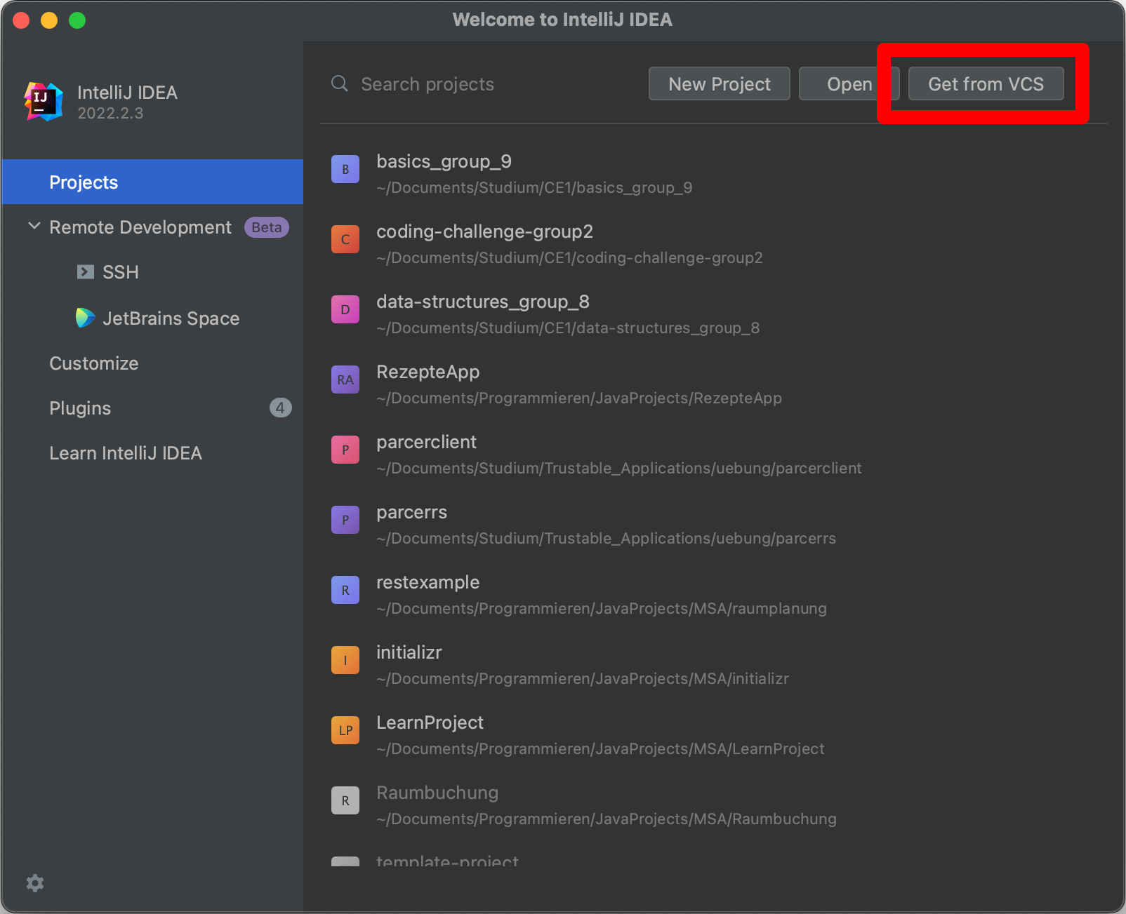 Screenshot of IntelliJ startscreen