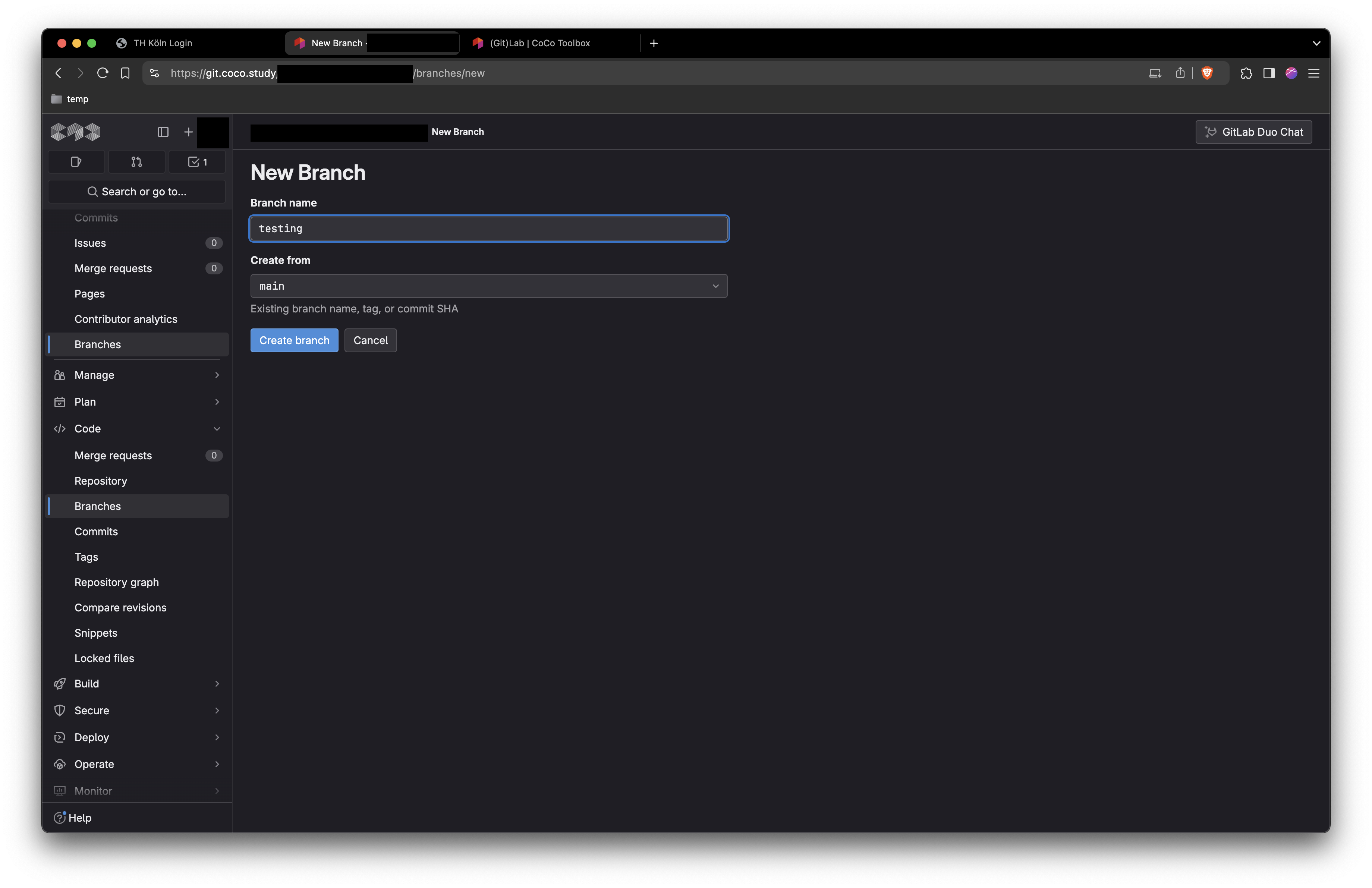 Screenshot gitlab branch createMenu