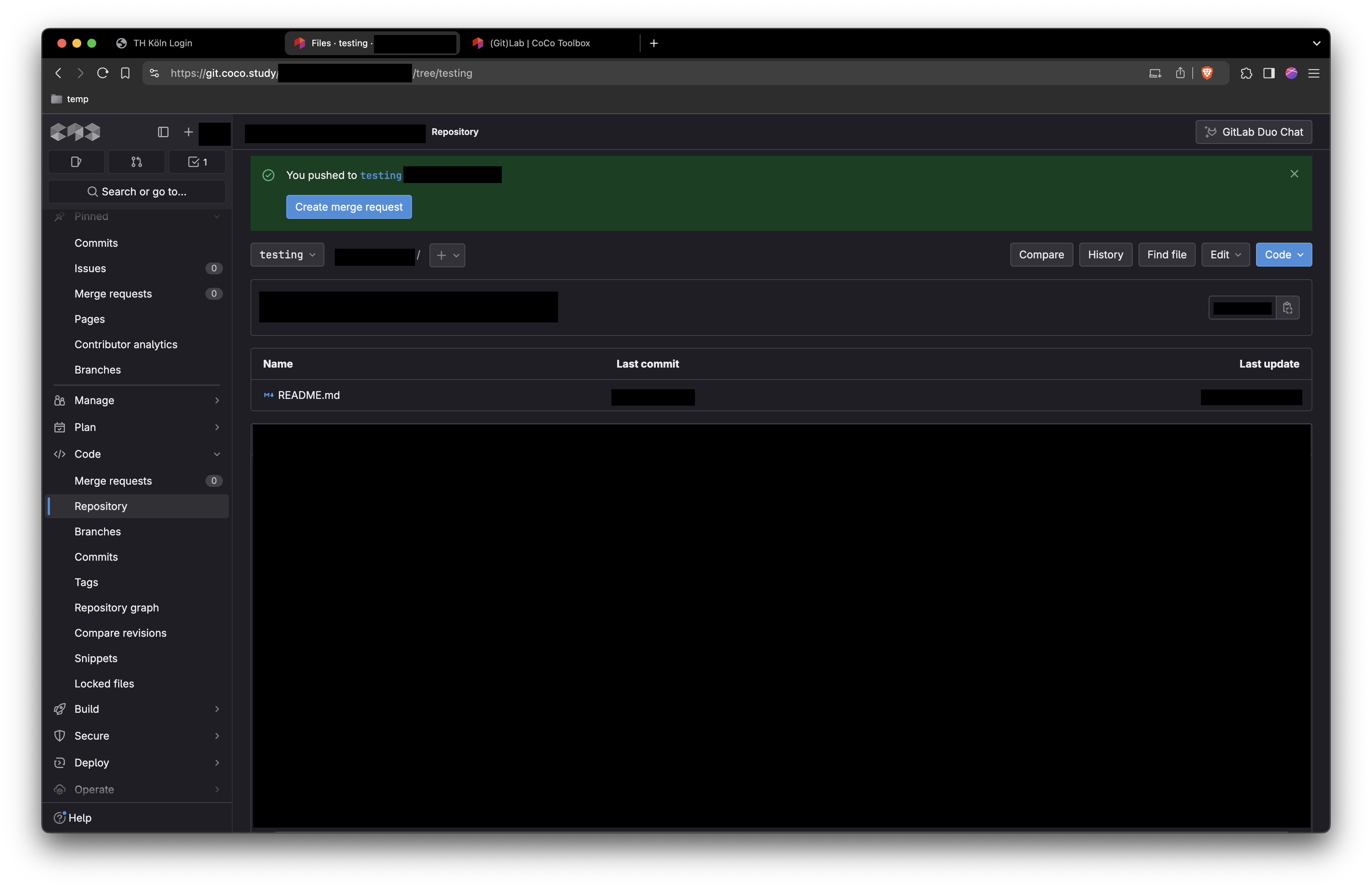 Screenshot gitlab branch created