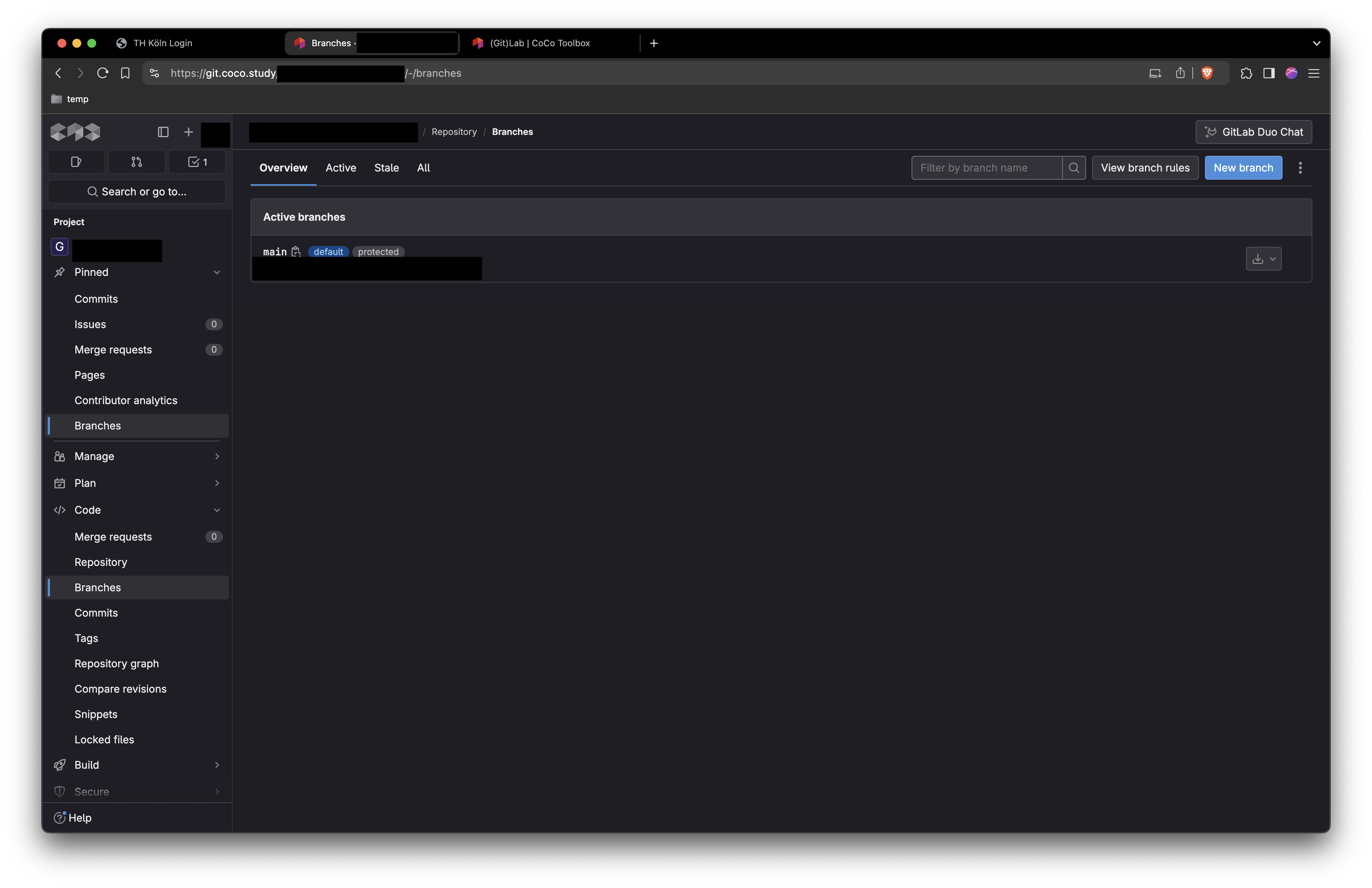 Screenshot gitlab branch menu