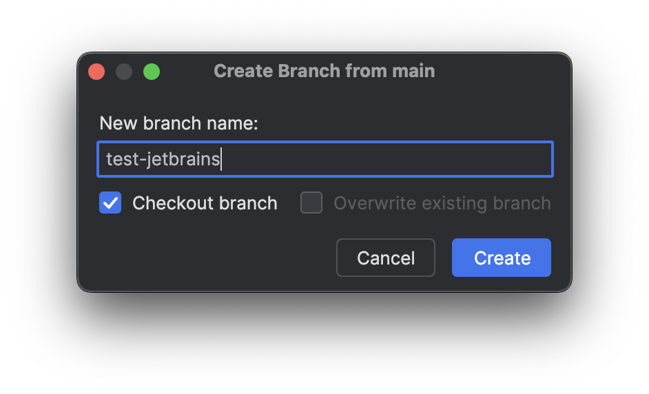Screenshot JetBrains branch popup